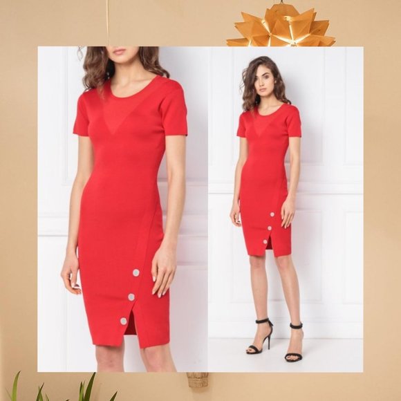 $475 NEW SILVIAN HEACH Red Pencil Dress SMALL Round Neck Short Sleeves Split Hem - Picture 1 of 12